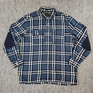 Wrangler Shirt Mens Large Blue Plaid Flannel Elbow Patch ATG Long Sleeve Hiking